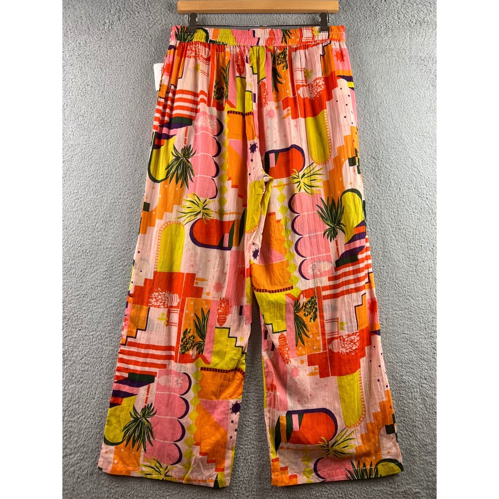 New Haute Hippie Tropical Print Drawstring Pants Pink Orange Yellow Palm Tree XL - Picture 3 of 13
